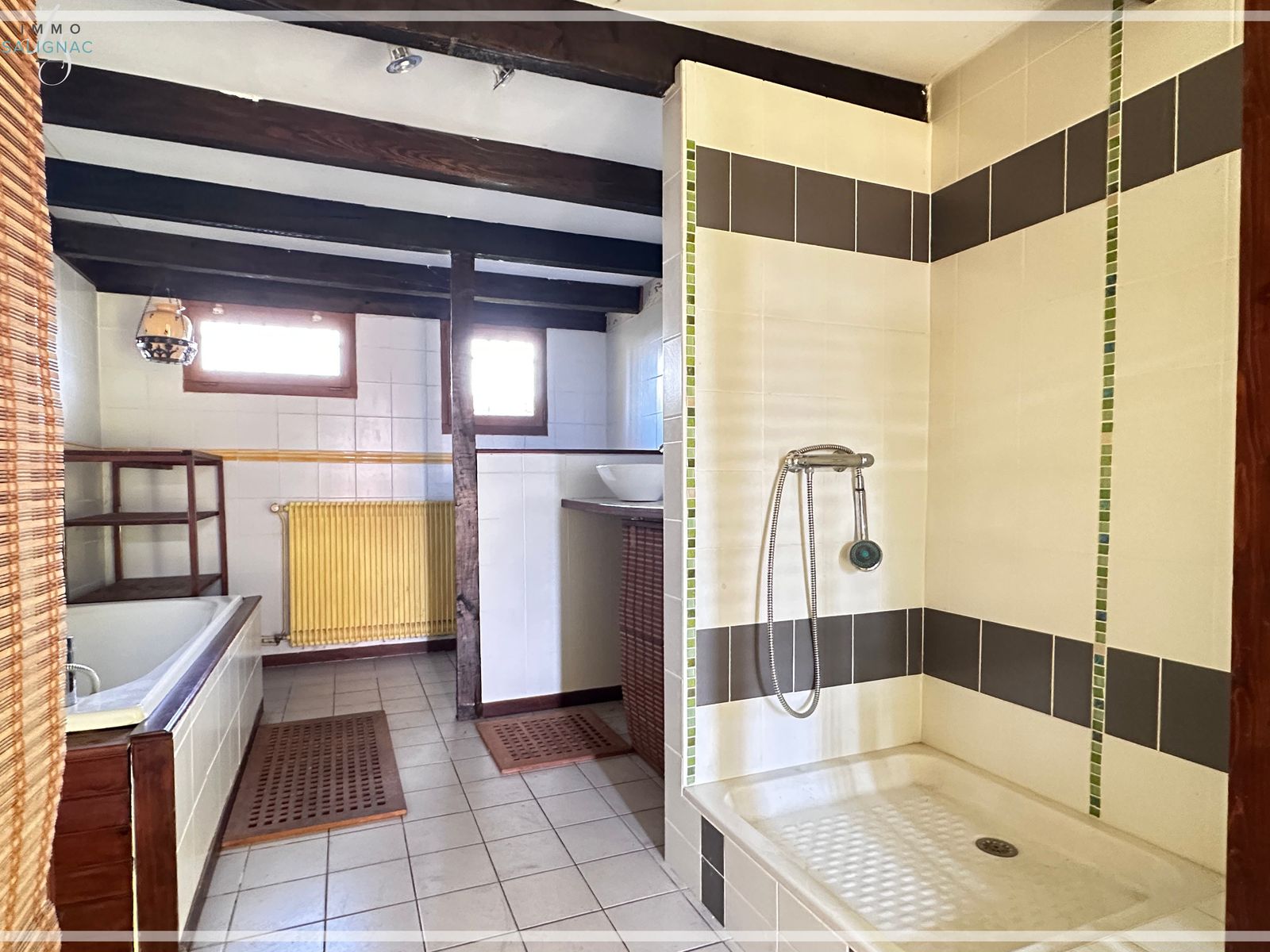 La salle de bains, avec douche et baignoire