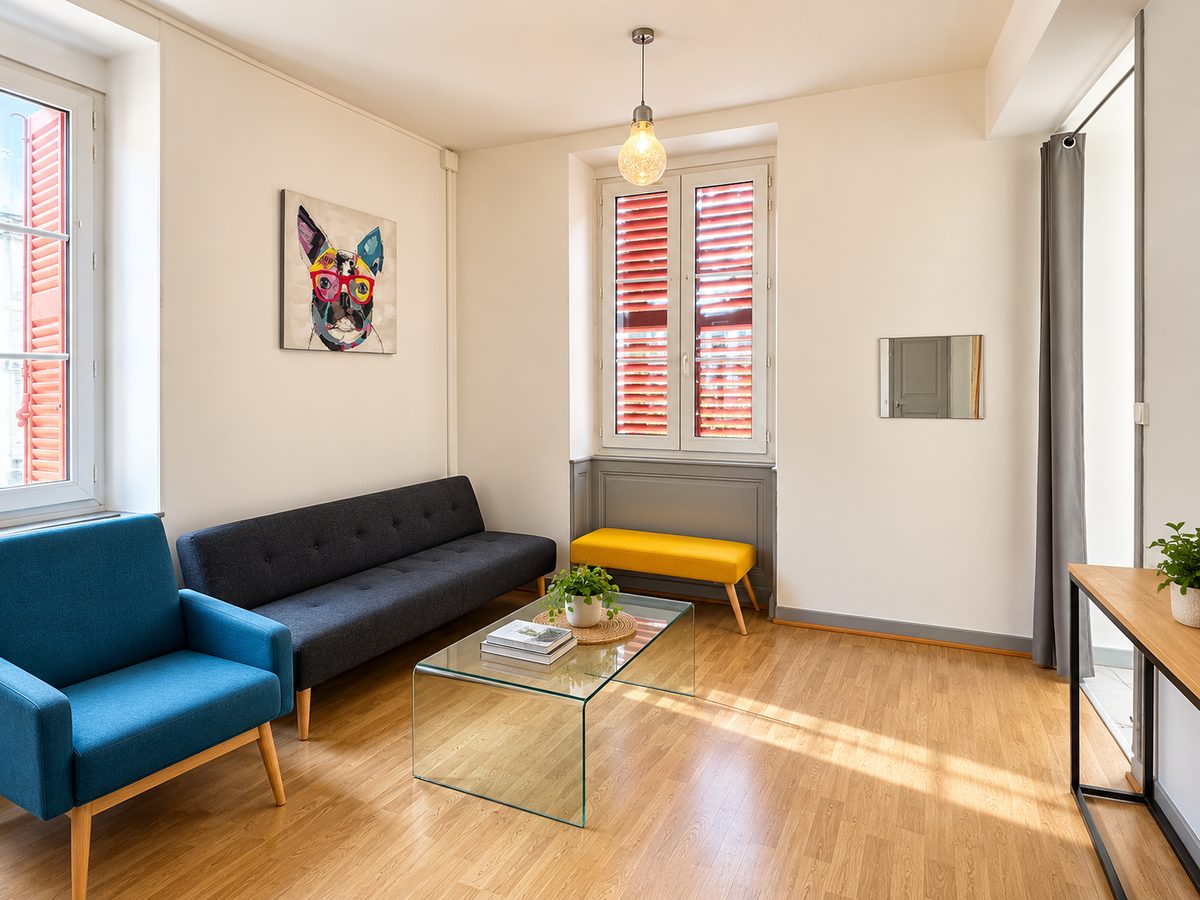 Séjour meublé avec deux fenêtres dans l’appartement du centre de Bourg-en-Bresse