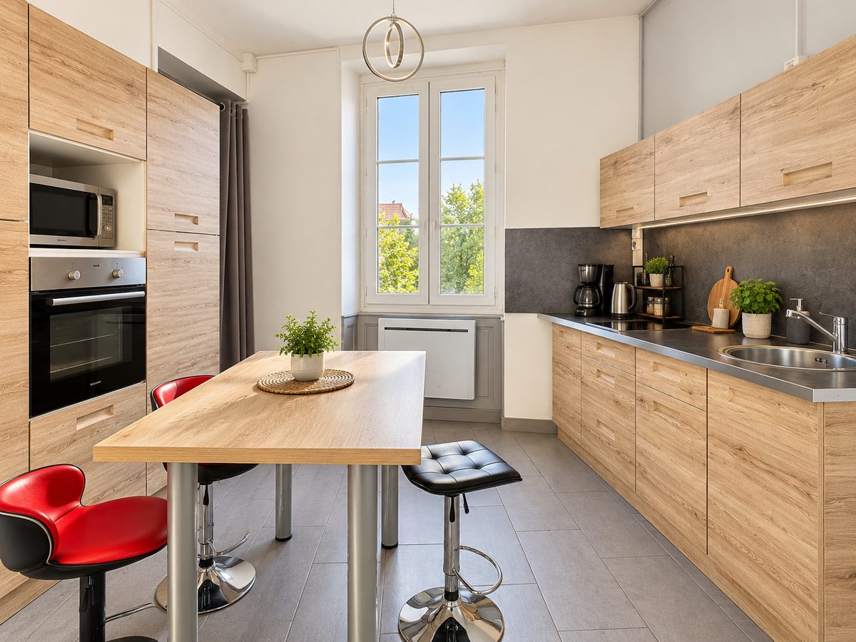 Cuisine équipée avec table haute et fenêtre